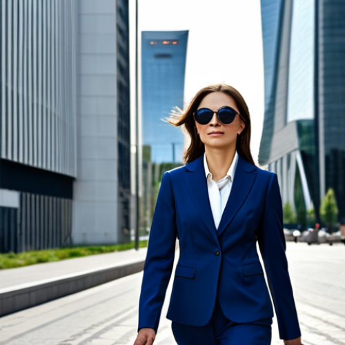 Home 28 **
A professional businesswoman in a modest, dark blue power suit, walking confidently through the financial district of Moscow during the day. Skyscrapers reflect in her sunglasses. Fully clothed, appropriate attire, safe for work, perfect anatomy, natural proportions, professional photography, high quality.
**