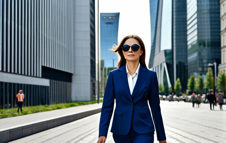 **
A professional businesswoman in a modest, dark blue power suit, walking confidently through the financial district of Moscow during the day. Skyscrapers reflect in her sunglasses. Fully clothed, appropriate attire, safe for work, perfect anatomy, natural proportions, professional photography, high quality.
**