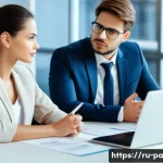 Home 22 변리사로서 고객 응대 요령 - A professional patent attorney attentively listening to a client in a modern office setting, both se...