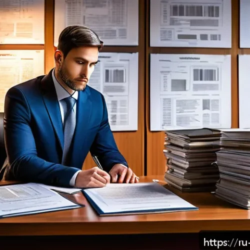Home 32 변리사 시험 주요 과목 정리 - A detailed office scene showing a patent attorney at work, surrounded by stacks of patent documents,...