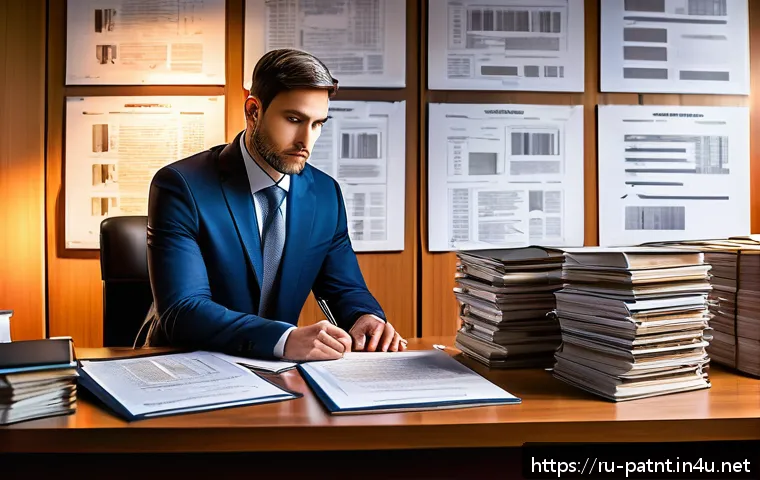 변리사 시험 주요 과목 정리 - A detailed office scene showing a patent attorney at work, surrounded by stacks of patent documents,...