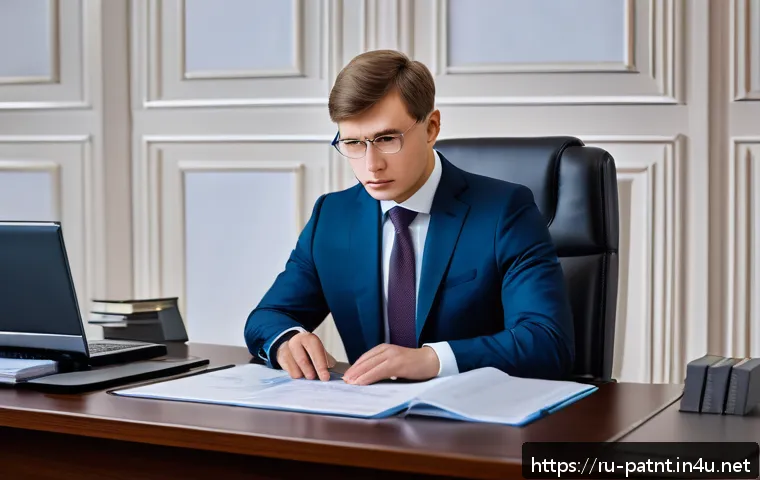 변리사 시험의 역사 - A modern patent attorney exam setting in Russia, featuring a professional candidate seated at a slee...