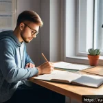 Home 18 변리사 시험 모의고사 후기 - A focused young adult studying at a modern desk in a cozy home office, surrounded by Russian patent ...
