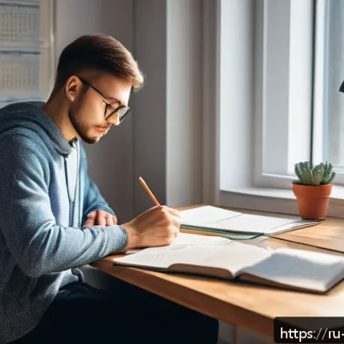 Home 30 변리사 시험 모의고사 후기 - A focused young adult studying at a modern desk in a cozy home office, surrounded by Russian patent ...