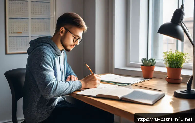 변리사 시험 모의고사 후기 - A focused young adult studying at a modern desk in a cozy home office, surrounded by Russian patent ...